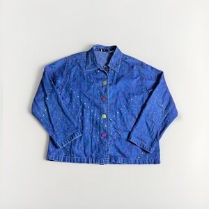 Vtg Keren Hart Jean Jacket Denim Rainbow Polka Dot Button Boho Art To Wear Sz M